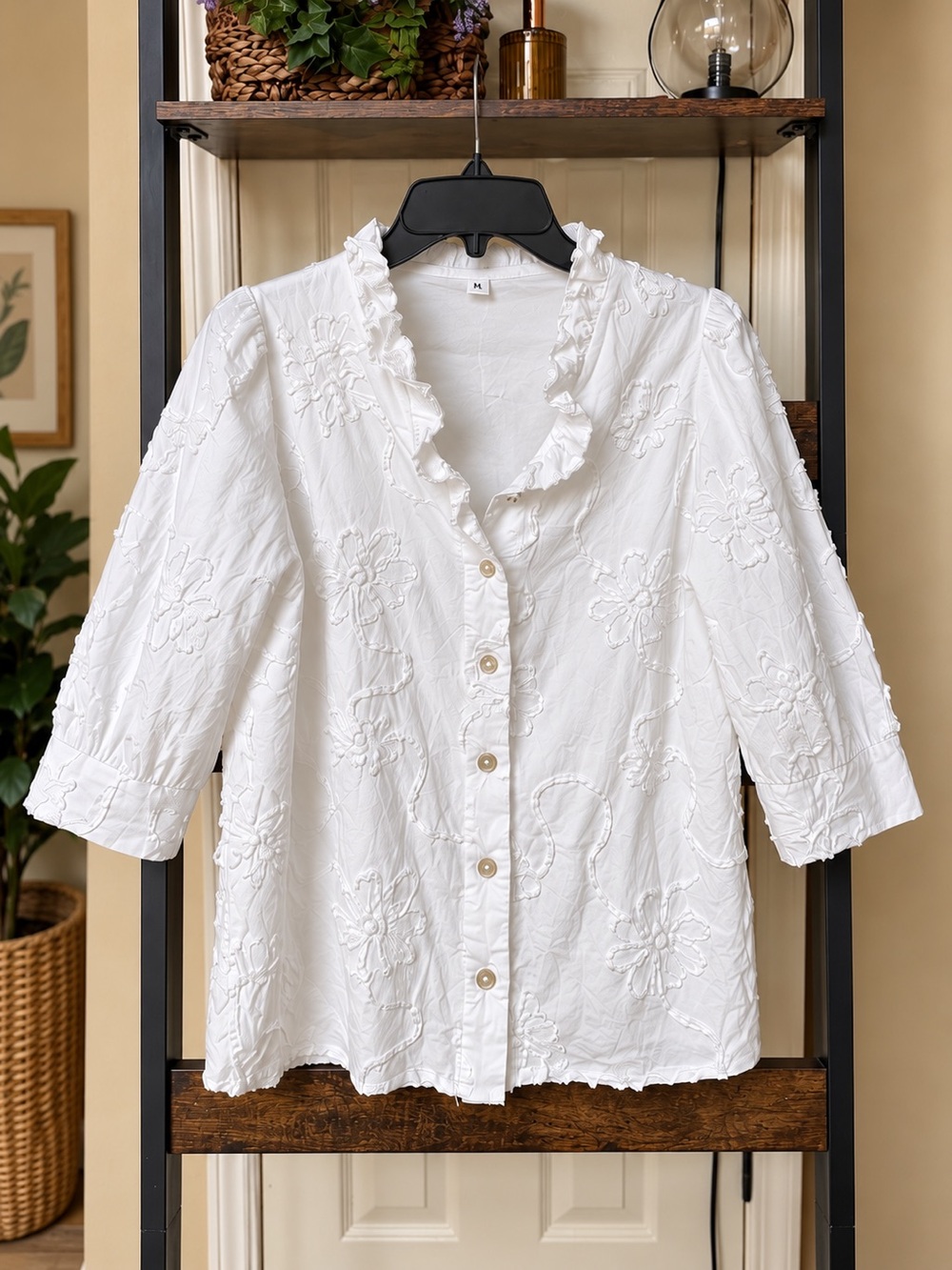 White Embroidered Ruffle Mother-of-Pearl Button-Front Top Boutique - Lined